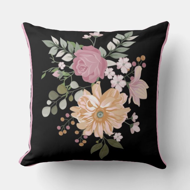 Reversible Flowers Foliage Black Green Background  Cushion (Front)