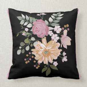 Reversible Flowers Foliage Black Green Background  Cushion