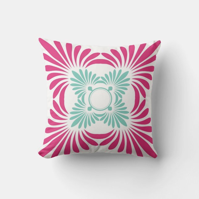Reversible Fuschia Pink And Mint Green Floral Cushion (Front)