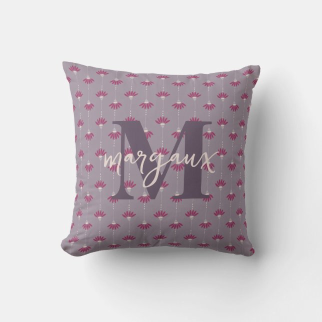 Reversible Lilac Boho Floral Personalized Monogram Cushion (Front)
