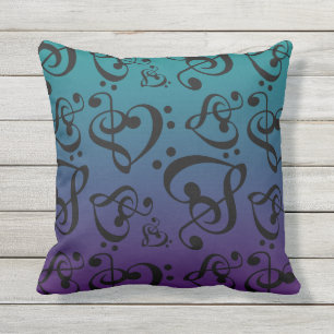 Reversible Music Hearts Teal & Purple Ombre Outdoor Cushion