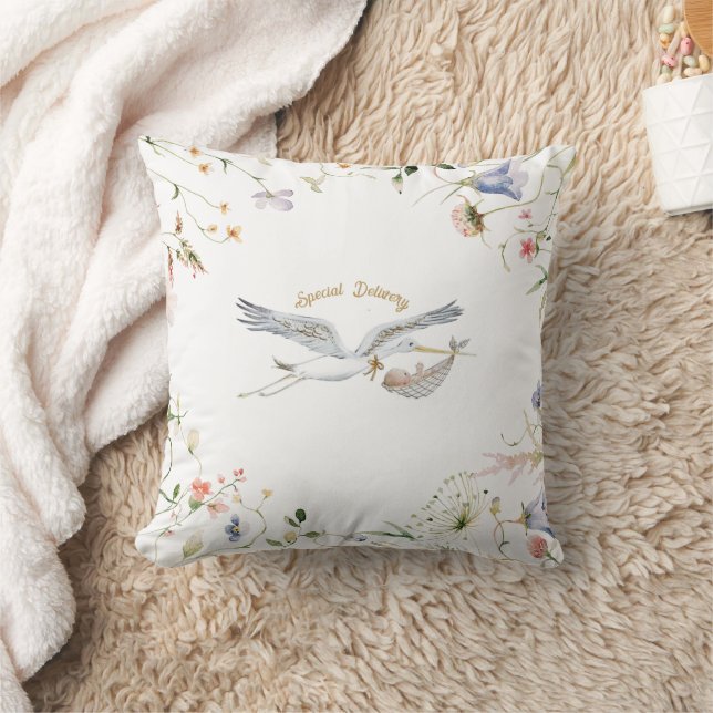 Reversible Personalised Stork Wildflower Ribbon  Cushion (Blanket)