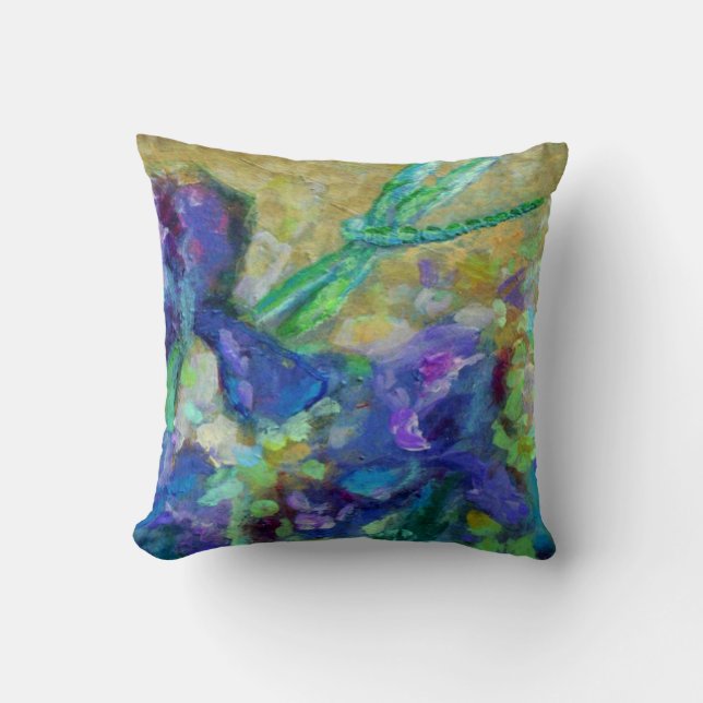 REVERSIBLE PURPLE IRIS,  AQUA DRAGONFLY PAINTING CUSHION (Front)