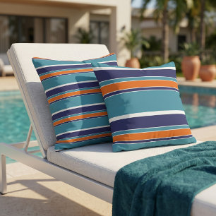 Reversible Teal Blue Green Orange White Stripe Cushion