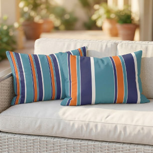 Reversible Teal Blue Green Orange White Stripe Lumbar Cushion