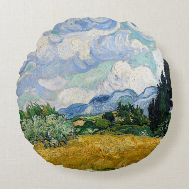 Reversible Van Gogh Wheat Field with Cypresses Round Cushion (Front)
