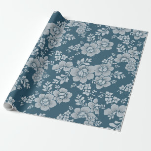 Reversible White Flowers Foliage Blue Background Wrapping Paper