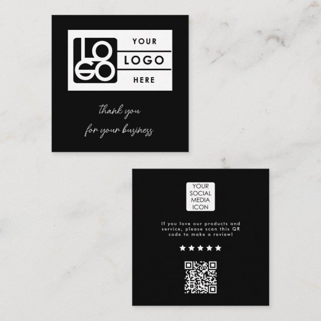 Review Link Business Logo QR Code Thank You Black Square Business Card (Front/Back)