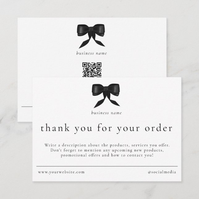 Review Thank You Order Packaging Insert Bow  Card (Front/Back)