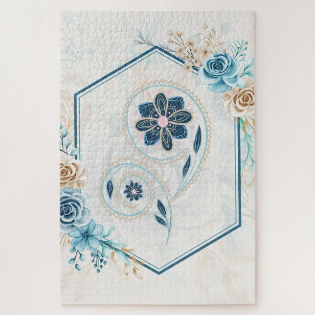 "Revitalising Life" Blue Teal Floral Art Jigsaw Puzzle (Vertical)