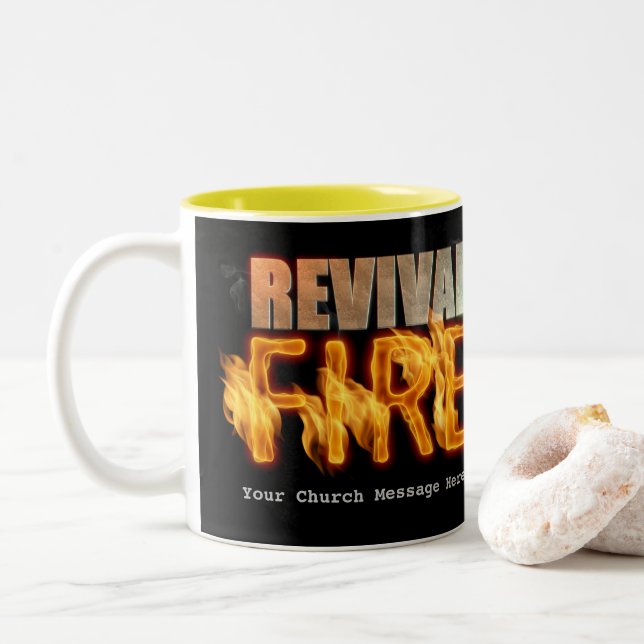 Revival fire church outreach typography evangelism Two-Tone coffee mug (With Donut)