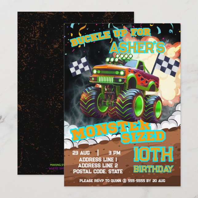 Revved Up & Ready to Roll Monster Truck Birthday Invitation (Front/Back)
