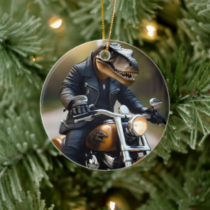 **"Revved Up Rex: T-Rex in Leathers on a Motorbike Ceramic Ornament