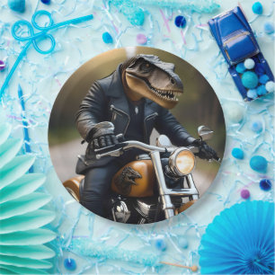 **"Revved Up Rex: T-Rex in Leathers on a Motorbike Paper Plate