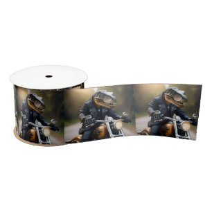 **"Revved Up Rex: T-Rex in Leathers on a Motorbike Satin Ribbon