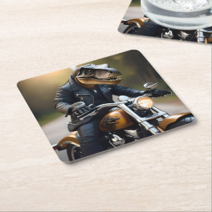 **"Revved Up Rex: T-Rex in Leathers on a Motorbike Square Paper Coaster