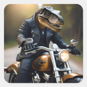 **"Revved Up Rex: T-Rex in Leathers on a Motorbike Square Sticker