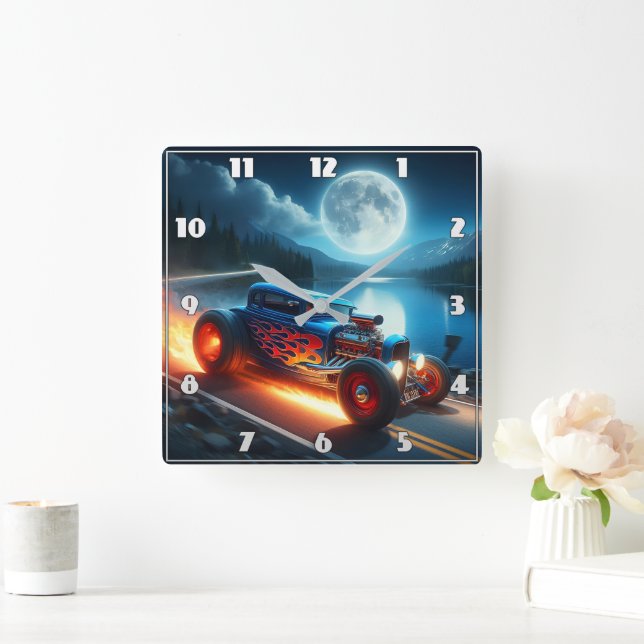 Revving through the night by the moonlit lake square wall clock (Home)