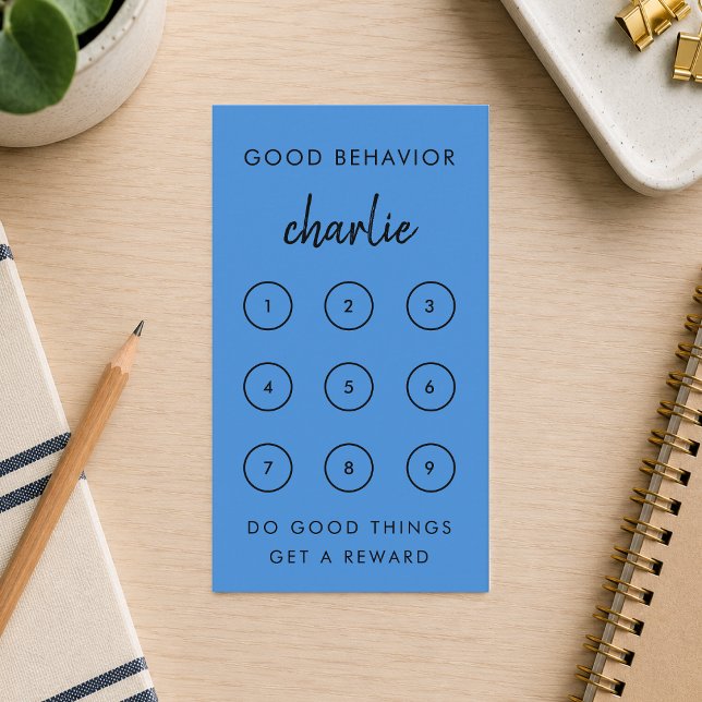 Reward Card | Good Behaviour Chart Punch Cards  (Blue personalized reward card for kids to track chores, routines and good behavior.)
