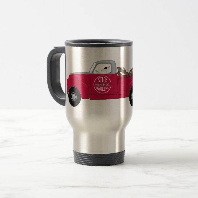 Rex and his red truck travel mug (Front Left)