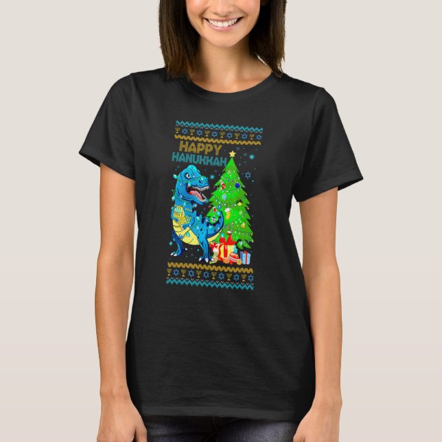 Rex Dinosaur Christmas Tree Happy Hanukkah Chanukk T-Shirt (Front)