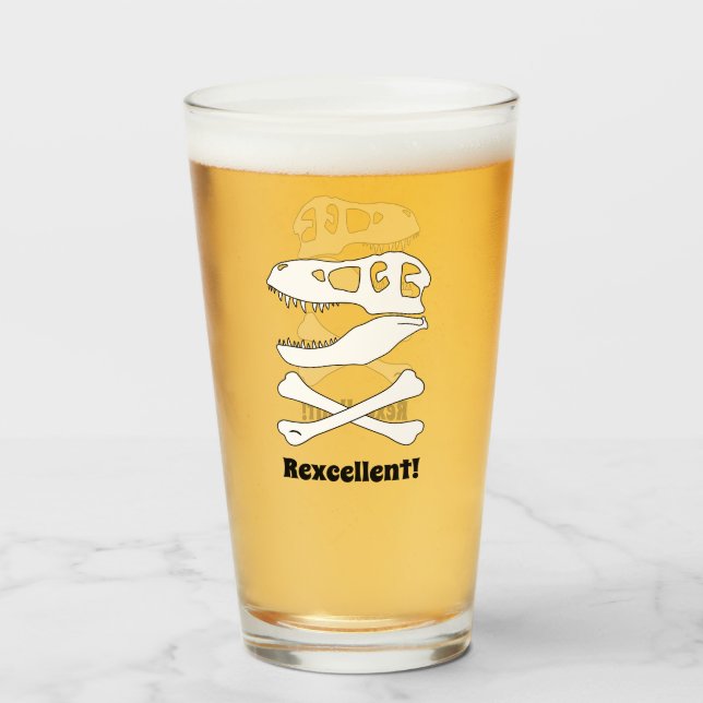 "Rexcellent" T. rex Dinosaur Skull and Crossbones Glass (Front Filled)