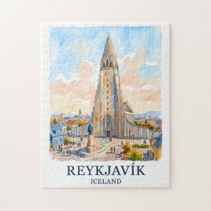 Reykjavik Iceland Church Watercolor Skyline Travel Jigsaw Puzzle