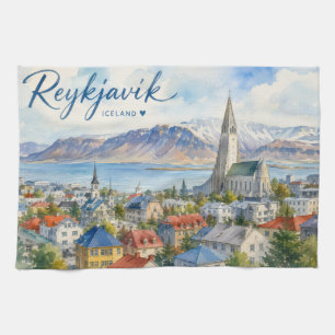 Reykjavik Iceland souvenir watercolor  Tea Towel