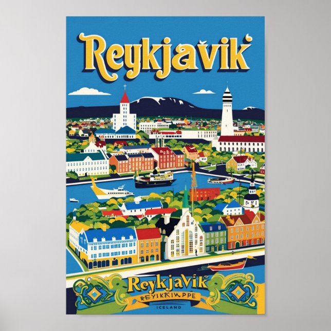 Reykjavík Iceland Travel Art Vintage Poster (Front)
