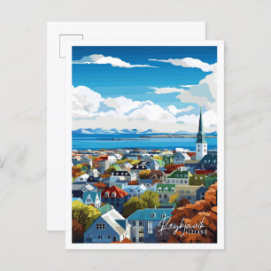Reykjavik Iceland vintage travel illustration Postcard
