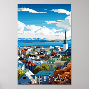 Reykjavik Iceland vintage travel illustration Poster