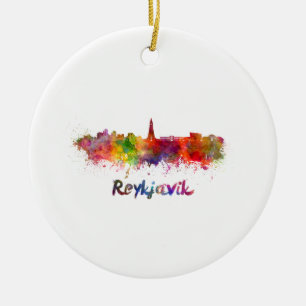 Reykjavik skyline in watercolor ceramic tree decoration