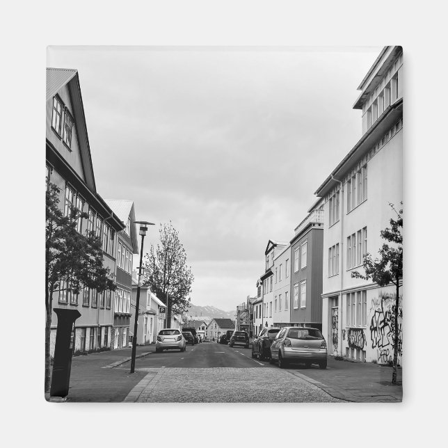 Reykjavik Street Scene Iceland Black and White Magnet (Front)