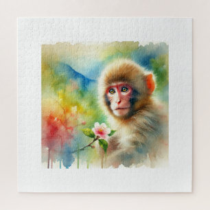 Rhesus Macaque 221024AREF134 - Watercolor Jigsaw Puzzle