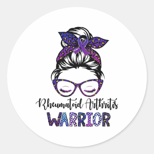 Rheumatoid Arthritis Warrior Messy Bun Ribbon  Classic Round Sticker (Front)