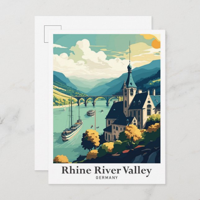 Rhine River Valley Art Vintage Travel Illustration Postcard (Front/Back)
