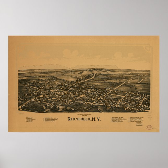 Rhinebeck New York 1890 Antique Panoramic Map Poster (Front)