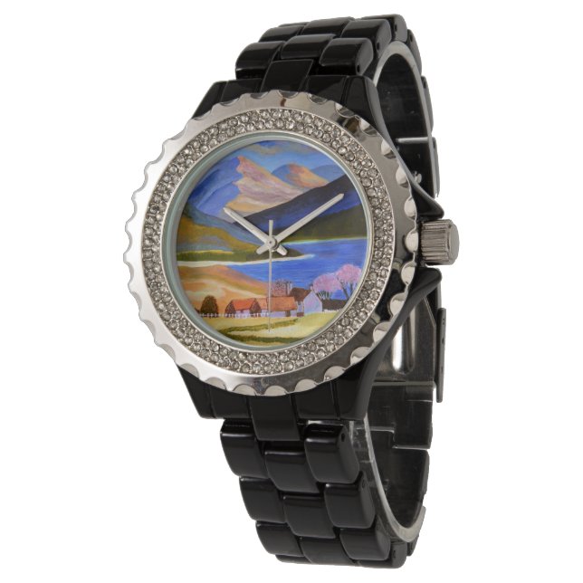 Rhinestone Black Enamel Watch (Angled)