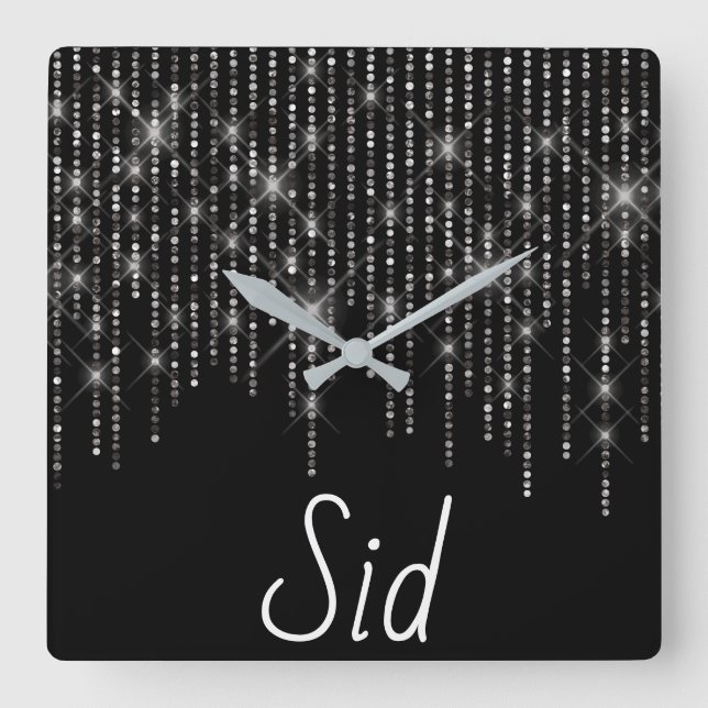 Rhinestone Bling with Name Square Wall Clock (Front)