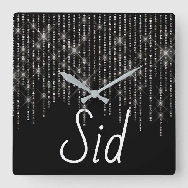 Rhinestone Bling with Name Square Wall Clock (Front)
