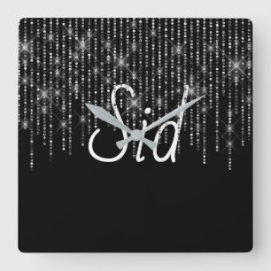 Rhinestone Bling with Name Square Wall Clock