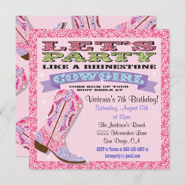 Rhinestone Cowgirl Birthday Party Invitations (Front/Back)