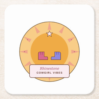 Rhinestone Cowgirl Vibes | Retro Western Sunburst  Square Paper Coaster