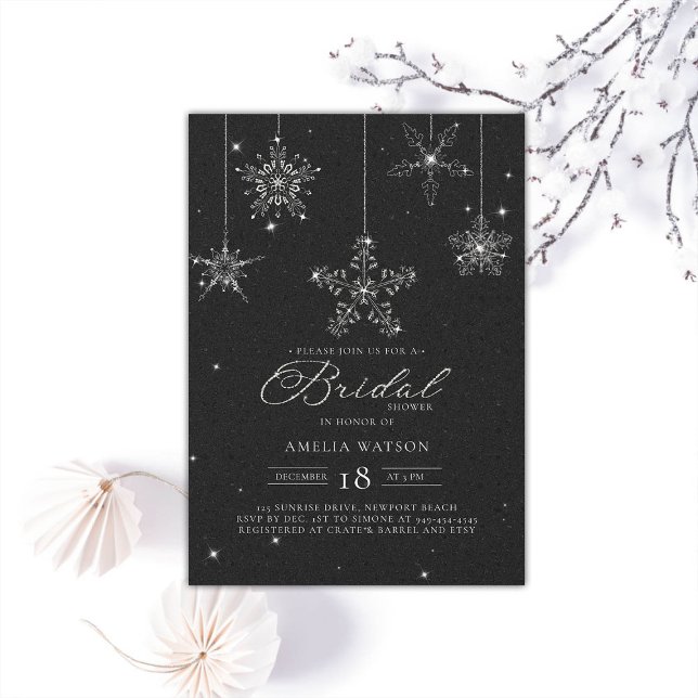 Rhinestone Snowflakes Black White Bridal Shower Invitation (rhinestones bridal shower invitation glitter snowflakes black white modern festive classy sparkle)
