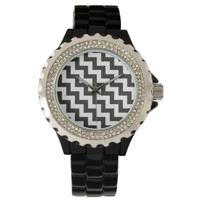 Rhinestone Wrist-watch: Black and White Chevrons Watch (Front)