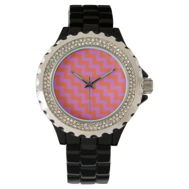 Rhinestone Wrist-watch: Magenta, Orange Chevrons Watch (Front)