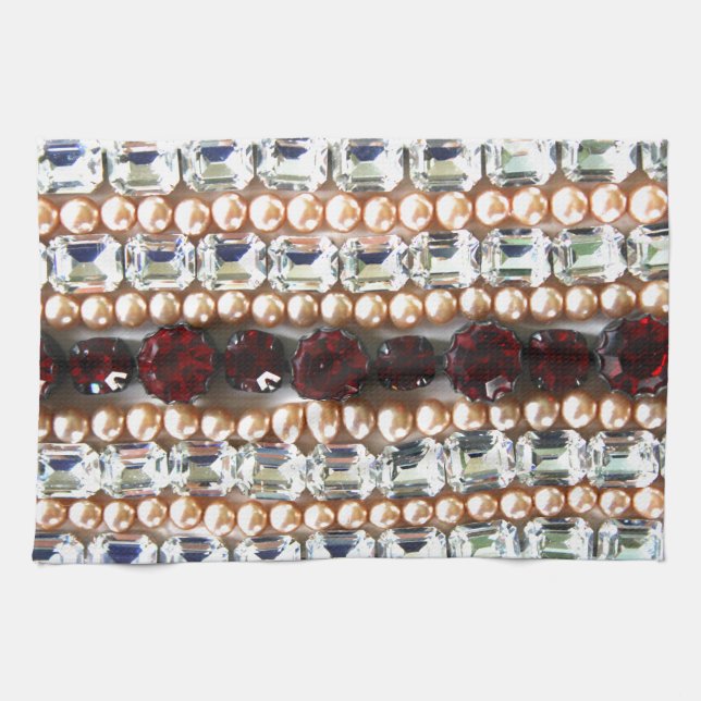 Rhinestones and pearls - vintage jewellery tea towel (Horizontal)
