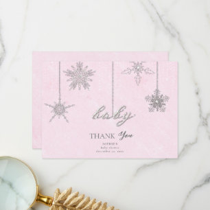 Rhinestones Glitter Snowflakes Pink Winter Baby Thank You Card
