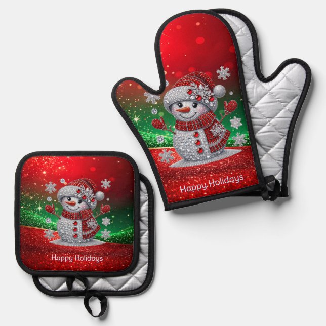 Rhinestones Snowman Oven Mitt & Pot Holder Set (Front/Back)