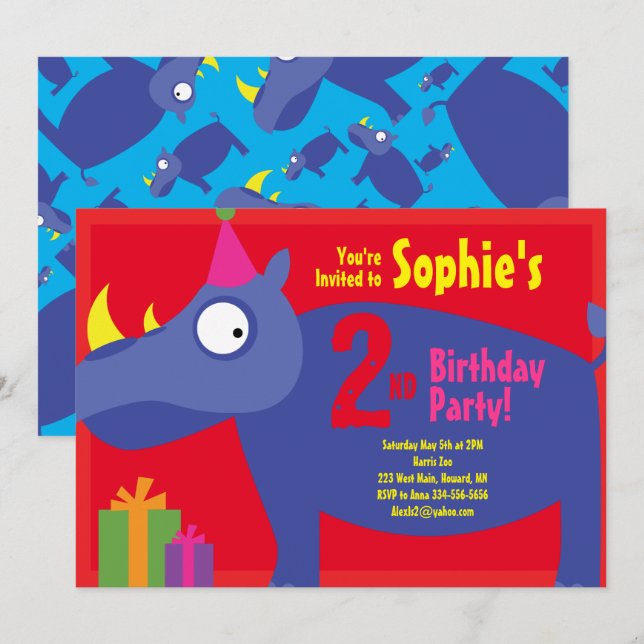 Rhino Animal Kid's Birthday Party Invitations (Front/Back)
